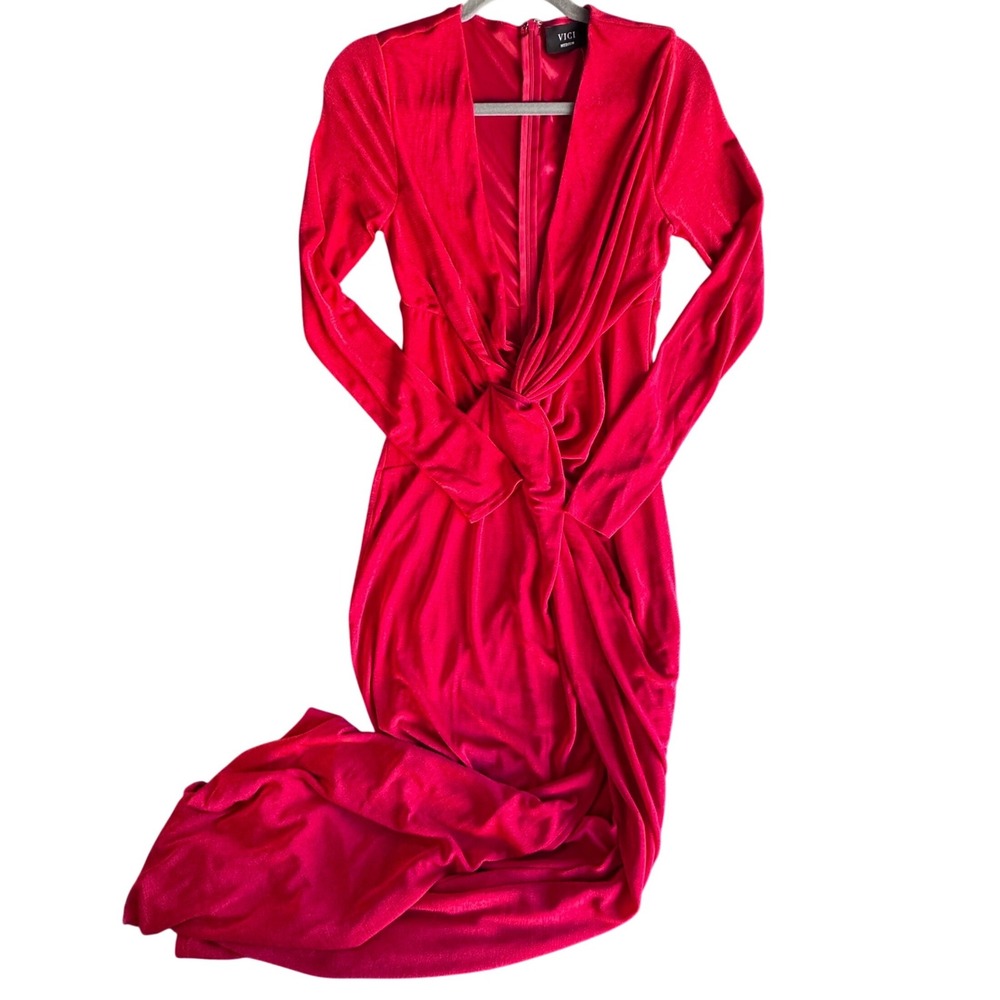 VICI Red Twist Front Deep V-Neck Long Sleeve Maxi Dress Shimmer Formal Gown M - Picture 2 of 7